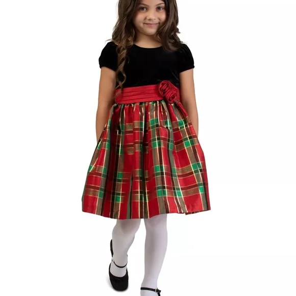 knee length dresses for ladies Bonnie Jean Bow Sash Plaid Hipster Dress Green/Gold / 3T